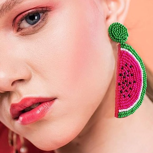 Long 3" Pink Watermelon Cute Fruit Slices Beaded Big Post Earrings New - Picture 1 of 6